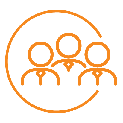 Three stylized figures in ties, representing teamwork and collaboration, enclosed in a circular outline.