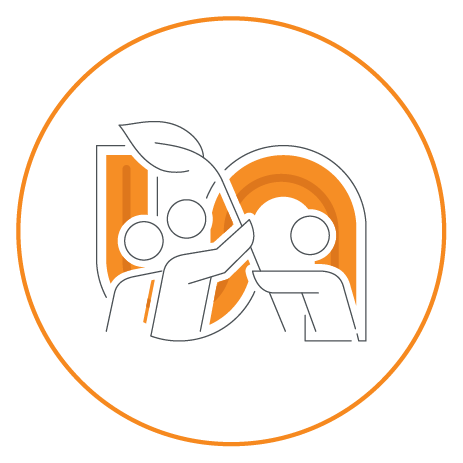 Two figures holding a plant, symbolizing growth and collaboration, within a stylized circular design featuring orange accents.