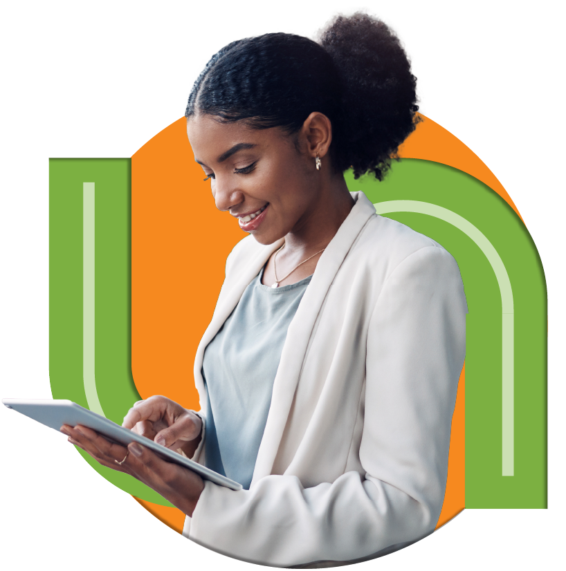A professional woman in a blazer holds a tablet while standing against a vibrant graphic backdrop of orange and green.