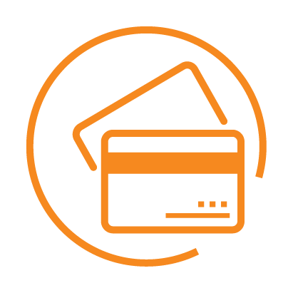 Orange icon of a credit card and another card in a circle, symbolizing payment, transactions, or financial services.