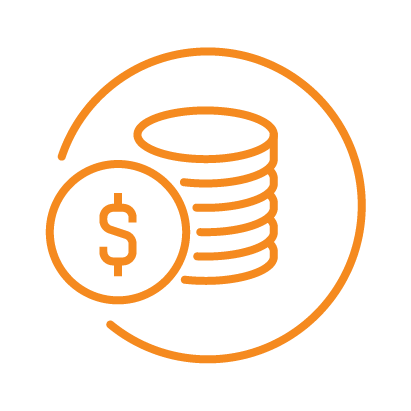 Orange outline icon of a stack of coins with a dollar sign, symbolizing finance or investment concepts.