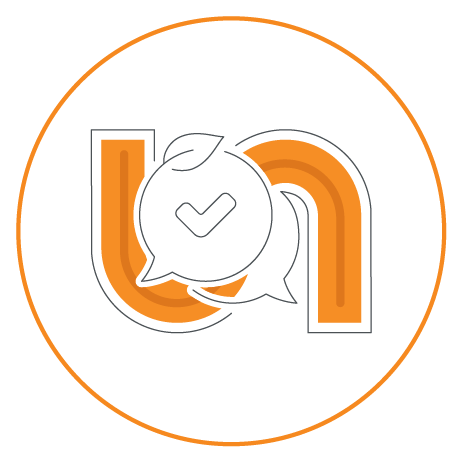 Logo featuring a stylized "un," with chat bubbles and a checkmark, symbolizing communication in an orange circular design.