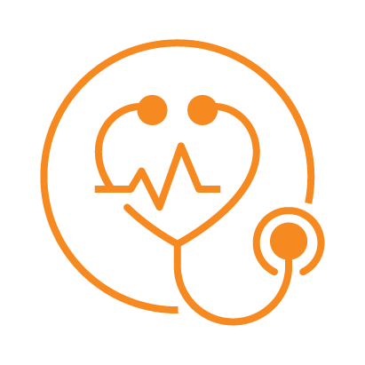 An orange outline of a stethoscope combined with a heart, featuring a heartbeat line, symbolizing healthcare and wellness.